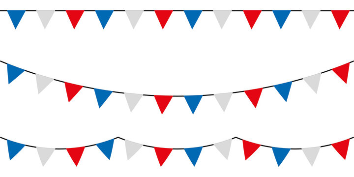 Blue white and red party garlands with pennants. Vector buntings set.