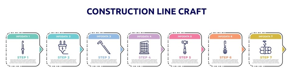 construction line craft concept infographic design template. included knife file, electrical plug, crowbar, rectangles, hammer facinf left, toilet brush, tubes hook icons and 7 option or steps.