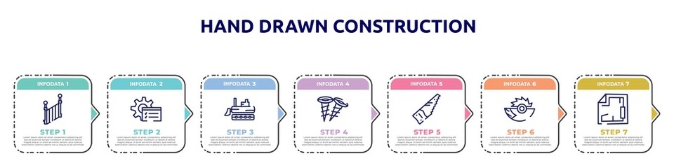 hand drawn construction concept infographic design template. included stairs side view, tools window, excavator side view, two screws, saw hand drawn tool, saw half cogwheel, blueprint hand drawn