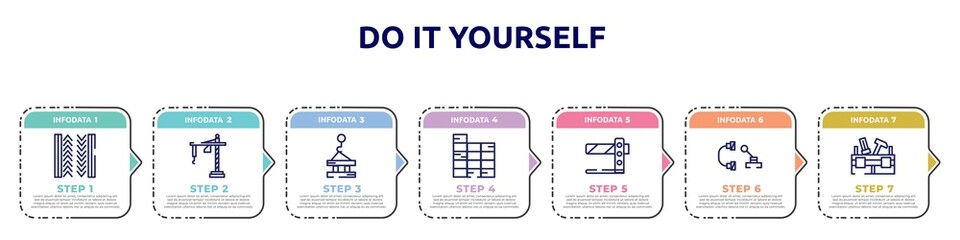 do it yourself concept infographic design template. included tiremark, construction crane hine, derrick with pallet, constructing a brick wall, road barrier, hinery parts, toolbox icons and 7 option
