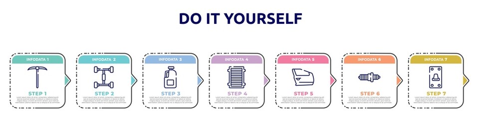 Obraz premium do it yourself concept infographic design template. included gardening digger, chassis, gallon oil, air filter, car door, spark plug, switch on icons and 7 option or steps.