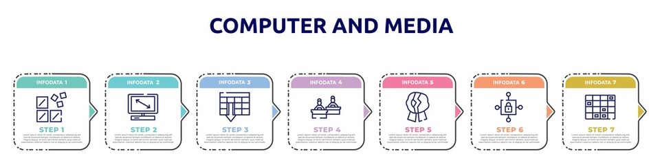 computer and media concept infographic design template. included registry, all screens sizes, spreadsheet ascending order, computer workers group, wax seal broken, locked internet security padlock,