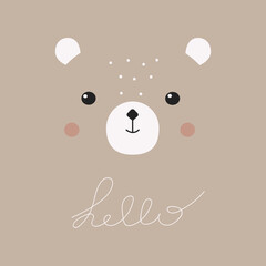 Portrait cartoon bear. Vector illustration cute bear. Simple postcard design, textures, nursery decorations. Baby funny print with animals. Kids background 