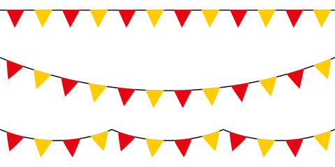 Red and yellow party garlands with pennants. Vector buntings set.	