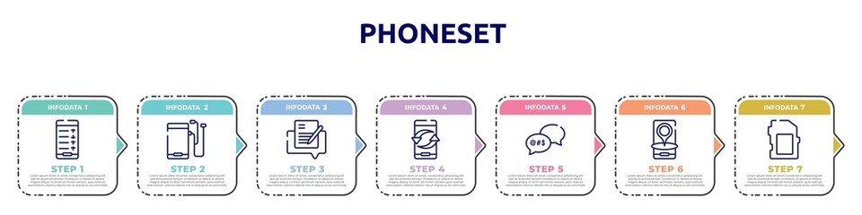 phoneset concept infographic design template. included mobile analytics on screen, mobile phone with auriculars, edit document, exchanging arrows, swearing, phone interface, card black tool shape