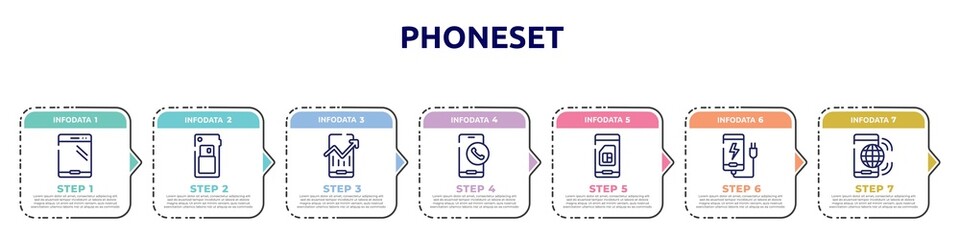 phoneset concept infographic design template. included phone or tablet, card back, mobile analytics, call by mobile phone, card of phone, plug, internet connection by cellphone icons and 7 option or