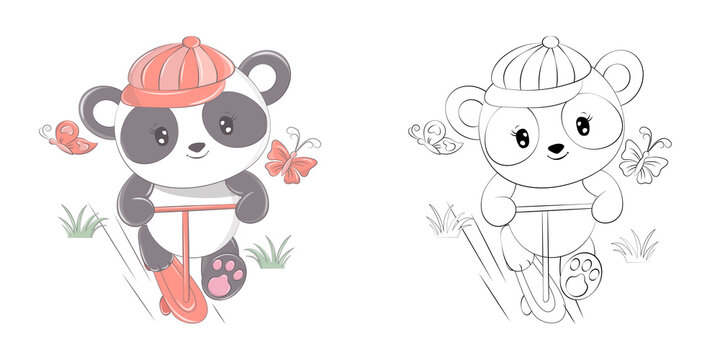 Cute Panda Clipart for Coloring Page and Illustration. Happy Clip Art Panda on a Scooter. Vector Illustration of an Animal for Stickers, Prints for Clothes, Baby Shower, Coloring Pages