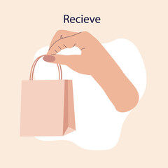 Online shopping concept. Online shopping and delivery illustration with a hand holding a bag.  Trendy hand drawn vector design.