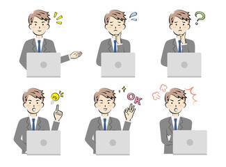 スーツ姿の男性とパソコン 　表情　セット　バリエーション