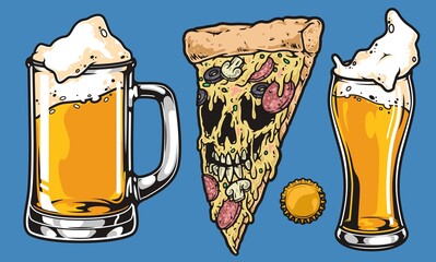 Beer pizza colorful vintage sketch
