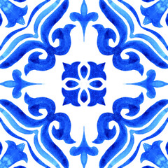 Azulejos - Portuguese tile blue watercolor pattern. Traditional ornament.