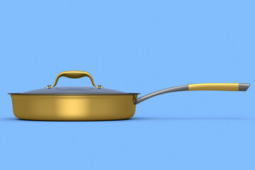 Frying pan with glass lid on blue background, non-stick kitchen utensils