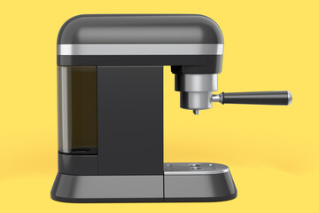 Espresso coffee machine with a horn on yellow background.