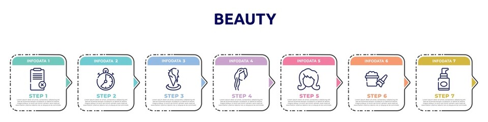 beauty concept infographic design template. included disclaimer, stopclock, hair salon, woman with long hair, woman hair, bubbles, foundation icons and 7 option or steps.