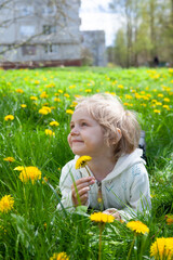 Baby  lies in  meadow with dandelions