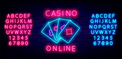 Casino online neon sign. Playing cards. Shiny pink and blue alphabet. Internet gambling game. Vector stock illustration