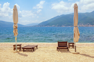 Beach vacation.  Beautiful Mediterranean landscape on sunny summer day. Montenegro, Adriatic Sea, Bay of Kotor