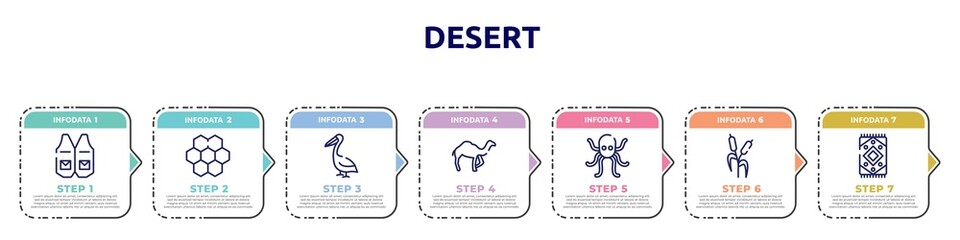desert concept infographic design template. included waistcoat, moss, pelican, dromedary, octopus, bulrush, rug icons and 7 option or steps.