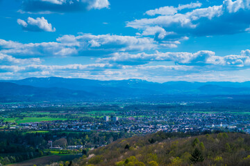 Fototapeta na wymiar Germany, Emmendingen city houses panorama view above tree tops and city on sunny day, surrunded by schwarzwald mountains