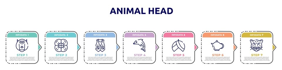 animal head concept infographic design template. included baboon, poppy, vest, dolphin, turban, teapot, jaguar icons and 7 option or steps.