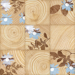 blue modern flowers and wood grain texture