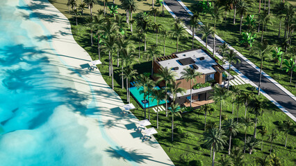 3d rendering of modern cozy house with parking and pool for sale or rent with wood plank facade by the sea or ocean. Sunny day by the azure coast with palm trees and flowers in tropical island