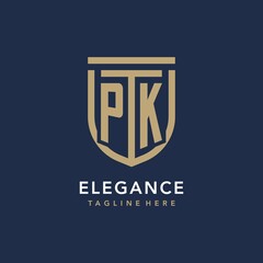 Letter PK shield logo style, luxury and elegant monogram logo design with gold color and dark background - obrazy, fototapety, plakaty