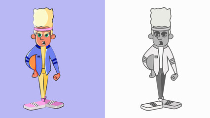 Screaming coach with a ball in a blue jacket and yellow gym suit