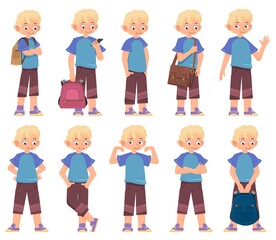 Boy in different poses. Schoolboy with bag and backpack. cartoon illustration for advertising
