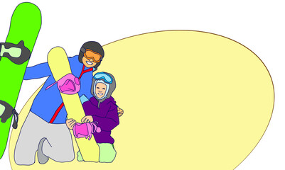 Snow Resort Enjoying And Skiing Family. Father, Mother And Son Child With Snowboard Resting At Snow Resort. Characters Sport Activity On Snowy Mountain Cartoon Illustration