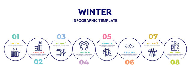 winter concept infographic design template. included heater, themos flask, ski equiptment, candy cane, fir, snow goggle, chalet, ski lift icons and 8 option or steps.