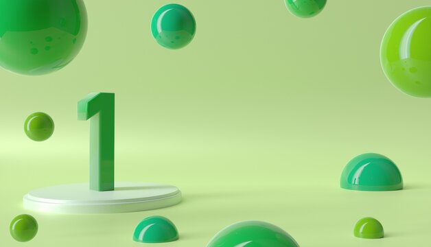 Number One On A Pedestal Web Banner. Green 3d Numbers With Podium For Celebration.