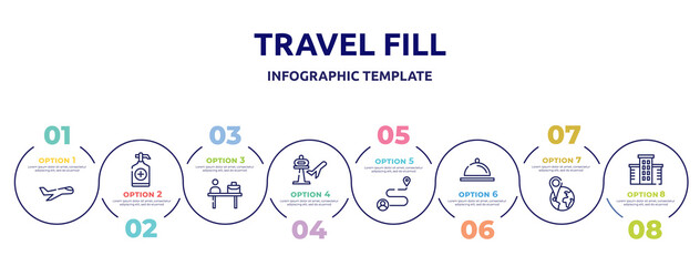 travel fill concept infographic design template. included aviation, sanitizer, check in desk, airport, journey, covered food plate, position, hotel icons and 8 option or steps.