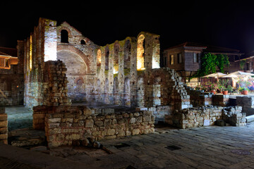 Byzantine Church of Saint Sophia, also known as the Old Bishopric in the old town of Nessebar, Bulgaria at night - obrazy, fototapety, plakaty
