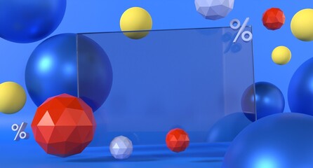 Sale background with percent symbol and dynamic 3d spheres.