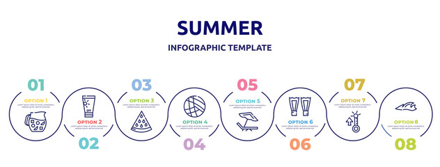 summer concept infographic design template. included sangria, sunscreen, slice of melon, beach volleyball, beach chair, fins, summer temperature, ocean icons and 8 option or steps.