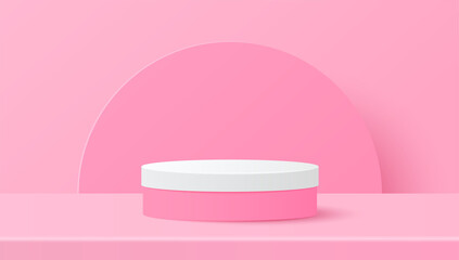 Paper cut of minimal scene with pink cylinder podium on pink background. Product presentation, mock up, show cosmetic. Vector illustration
