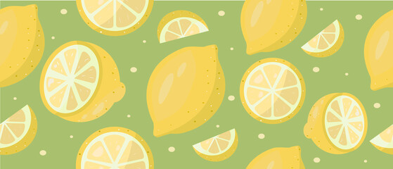 Bright lemon vector background in green and yellow colors. Summer bright tropical fruit pattern.