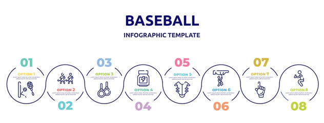 baseball concept infographic design template. included squash, home team, gymnastic rings, whey protein, chest protection, rappel, foam hand, catcher icons and 8 option or steps.