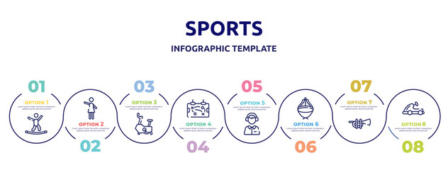 sports concept infographic design template. included highlining, hostess, stationary bicycle, tactic, sport commentor, asian hat, ets, go kart icons and 8 option or steps.