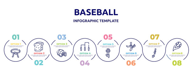 Fototapeta na wymiar baseball concept infographic design template. included belts, whole wheat bread, hockey helmet, gym bars, yoga pose, kayaking, flyboard, strike icons and 8 option or steps.
