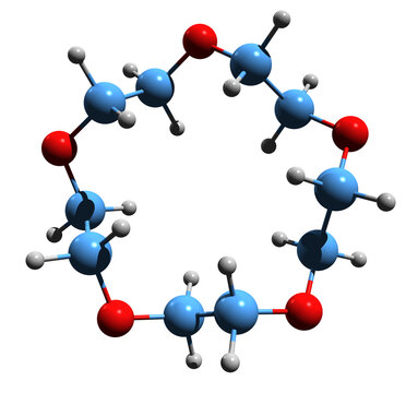 3D image of 15-Crown-5 skeletal formula - molecular chemical structure of  pentamer of ethylene oxide isolated on white background