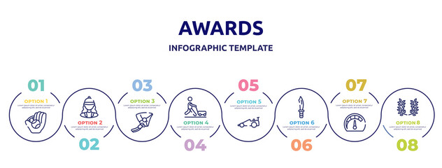 awards concept infographic design template. included baseball ball, horsewoman, hang glider, farming and gardening, drag racing, dive knife, mph, laurel wreath icons and 8 option or steps.