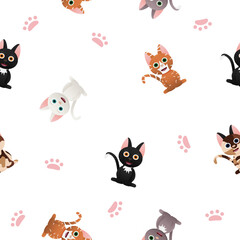 Obraz na płótnie Canvas Vector seamless pattern cute and funny cats. Cartoon characters of a cat (kitten) of different breeds and different colors. image on a white background.