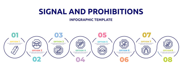 signal and prohibitions concept infographic design template. included labels, poisonous, smarthphone, no wifi, eyewear, no picking flowers, narrow, no gambling icons and 8 option or steps.
