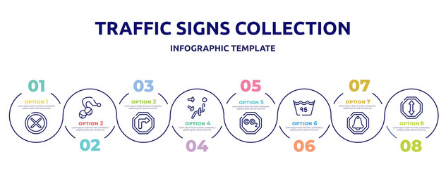 traffic signs collection concept infographic design template. included unchecked, sleigh bell, right bend, air outlet, co2, null, alarm, ahead icons and 8 option or steps.