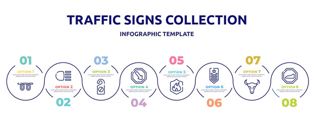traffic signs collection concept infographic design template. included glowplug, high beam, do not disturbe, keep right, fire, explosive, skull of a bull, slope icons and 8 option or steps.