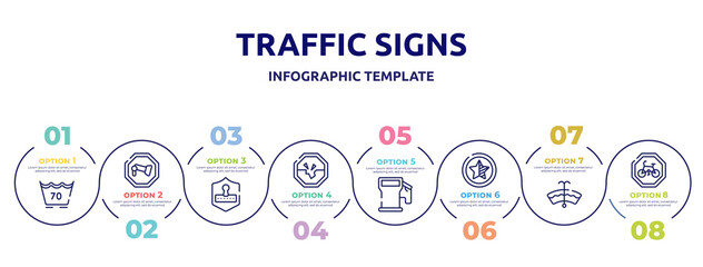 traffic signs concept infographic design template. included 70 degree laundry, camera, safety code, road collapse, fuel filling, half star, windshield washer, cycle lane icons and 8 option or steps.