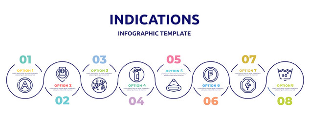 indications concept infographic design template. included any solvent, inmigration check point, chasing prohibited, fire estinguisher, hanging, petroleum solvent, school zone, null icons and 8