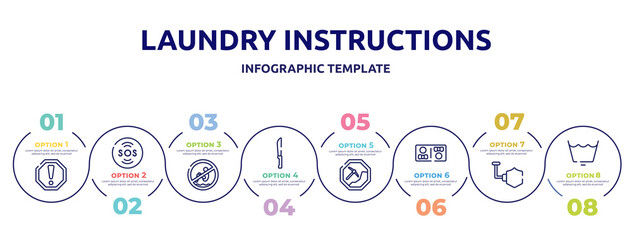 laundry instructions concept infographic design template. included caution, sos warning, no bomb jump, strong knife, mining work zone, restroom, shield, wash cycle permanent press icons and 8 option